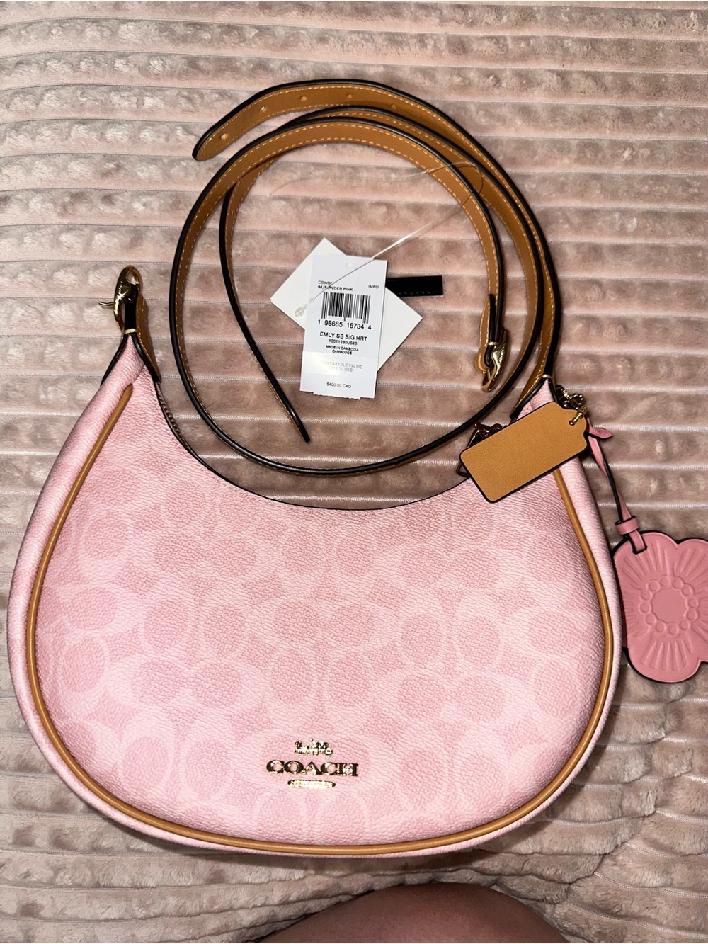 Coach Pink Signature Crescent Shoulder Bag with Tan Strap